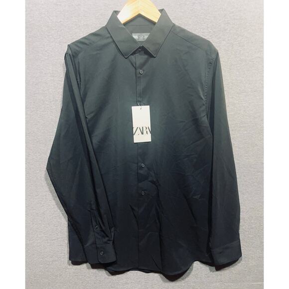 Zara Men Dress Preppy Stretch Button Down Shirt Black Size Large NWT - Picture 6 of 13